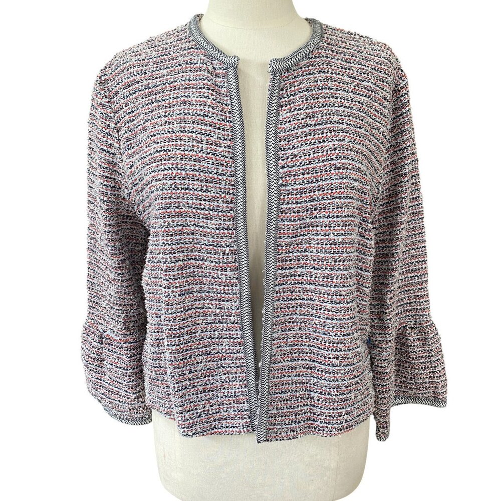 LOFT Textured Knit Tweed Open Front Jacket Bell Sleeve French Girl Preppy Wool-L
